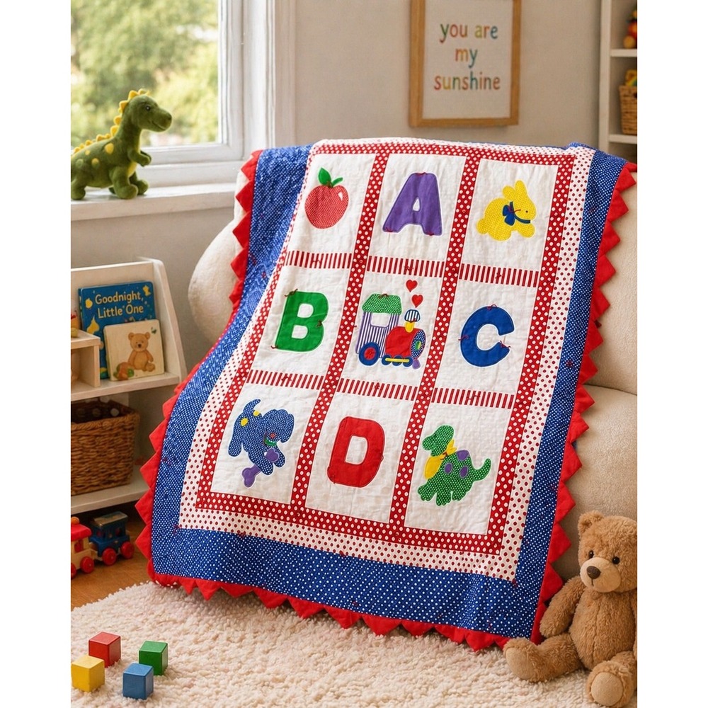 Vintage‎ ABC Baby Quilt Hand Tied Alphabet Print Nursery 40x44 Primary Colors